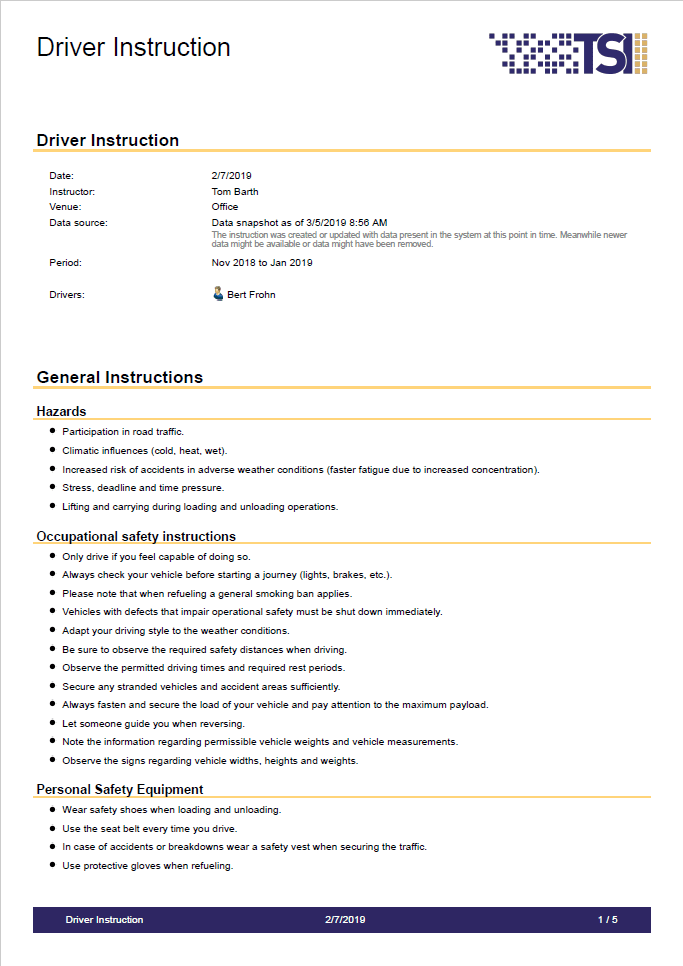 Individual instruction documents for your drivers, including violation analysis report